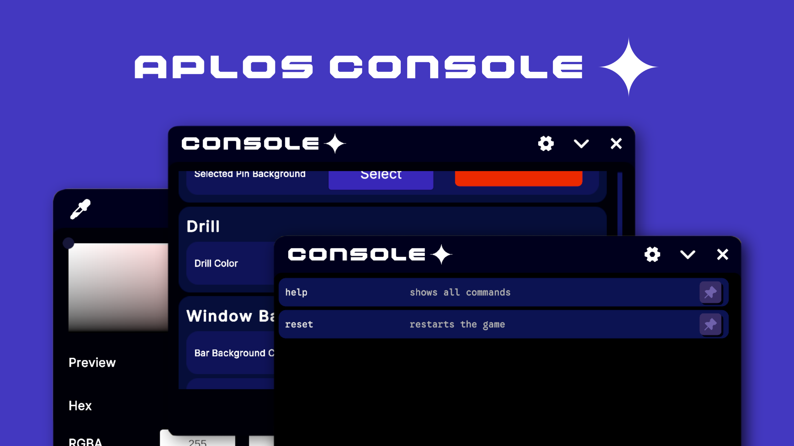 Aplos Console key art: the command list, settings window and colour picker stacked beneath the product wordmark.