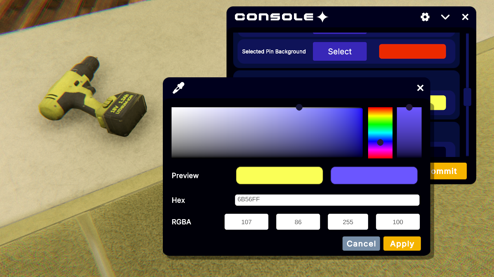 The colour picker open over the settings window, showing the saturation field, hue and alpha rails, hex and RGBA inputs.
