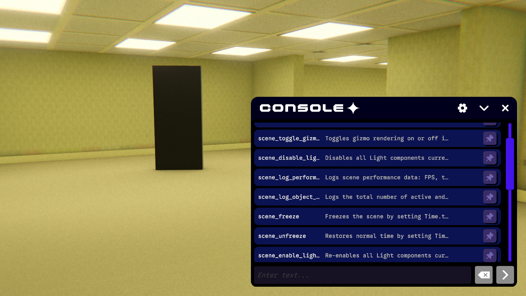 A scrolled command list including freeze, unfreeze, gizmo toggling and performance logging.